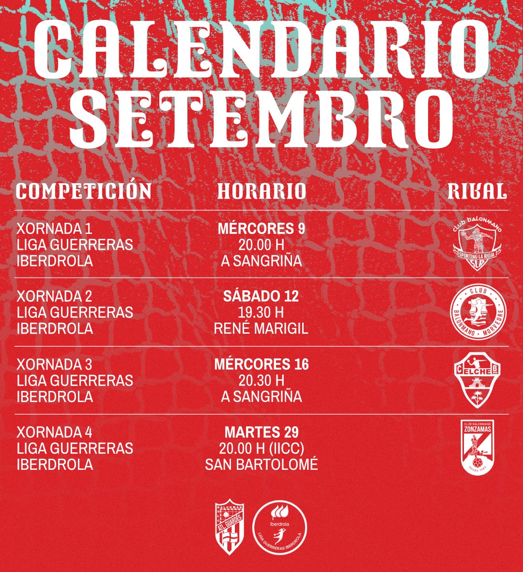 AtleticoGuardes's tweet photo. 🔛🗓️ Benvido, setembro! Xa tiñamos ganas de comezar o novo curso…

Comezamos forte con catro xornadas da @IberdrolaDHF nas que dalo todo 💪

Vémonos no primeiro asalto o mércores que vén ante o @BMSportingLR 🤩❤️‍🔥
 
#ASeguintePáxina comeza a escribirse xa 🪡 https://t.co/tp4j8288mg