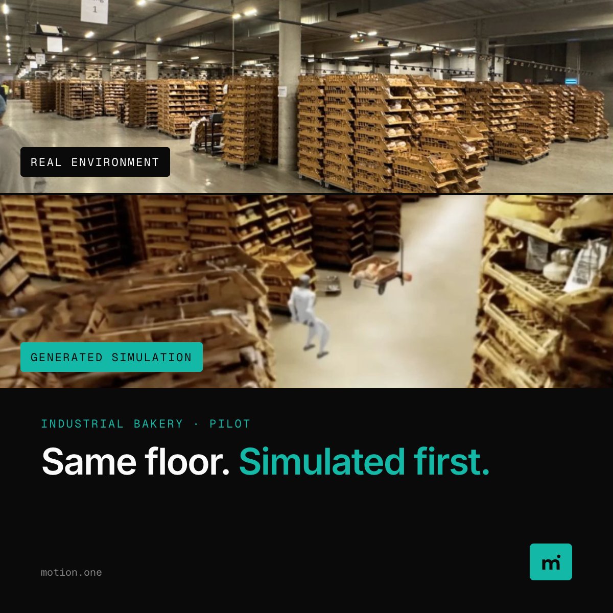 motion1robotics's tweet photo. Before a robot touches your floor, it trains on it.

Real bakery. Real manufacturing line. Simulated first, deployed second.

That's how you close the sim-to-real gap. More information: https://t.co/GU72gPffRg #PhysicalAI https://t.co/RFU8P9zvKZ