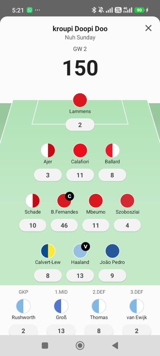 lumifootballhub's tweet photo. LFH FPL MANAGER OF THE WEEK GW2

We have our GW2 Manager of the Week!
Team: Kroupi Doopi Doo
Manager: Nuh Sunday
Gameweek Points: 150 POINTS

What an incredible Gameweek performance.
Bruno Fernandes delivered a massive 46 points as captain, while the rest of the squad also contributed to an outstanding total of 150 points.

A huge congratulations to Nuh Sunday for becoming the LFH FPL GW2 Manager of the Week.
150 points. One Gameweek. One statement.

LFH FPL Where Every Gameweek Pays!