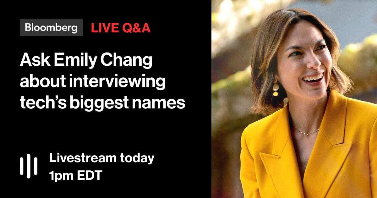 business's tweet photo. TODAY: Bloomberg’s @emilychangtv interviews some of the most influential names in tech, business and culture for her series, The Circuit.

Bring your questions and join her in an interactive Live Q&amp;A conversation with @BradStone at 1 p.m. EDT. Livestream: https://t.co/2qDeH4XDy3 https://t.co/NT1kzSU0jf