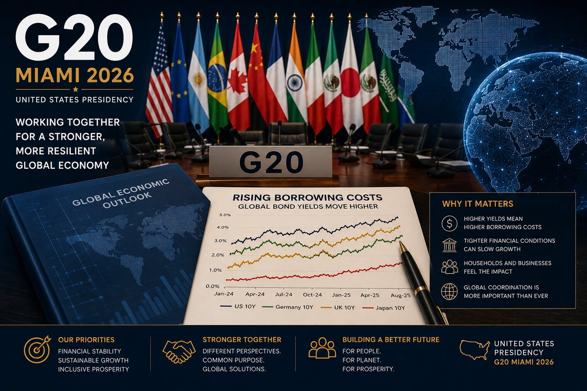 piyooshkumar003's tweet photo. The bond market may be sending the G20 a message of its own.
Government borrowing is getting more expensive across major economies, while investors are demanding more compensation for inflation, fiscal risk and uncertainty.
That matters because sovereign debt is not just a government problem.
Higher yields can raise the cost of refinancing old debt, tighten financial conditions and eventually make borrowing more expensive for businesses and households.
And when several major economies face the same pressure at once, the issue becomes global.
This is why global imbalances and sovereign debt are more than items on a G20 agenda.

They are part of the machinery that determines how much room governments have to respond when the next shock arrives.

The uncomfortable question is not simply how much the world owes.

It is how much higher borrowing costs the system can absorb without slowing growth.

#G20Miami2026 #G20 #SovereignDebt