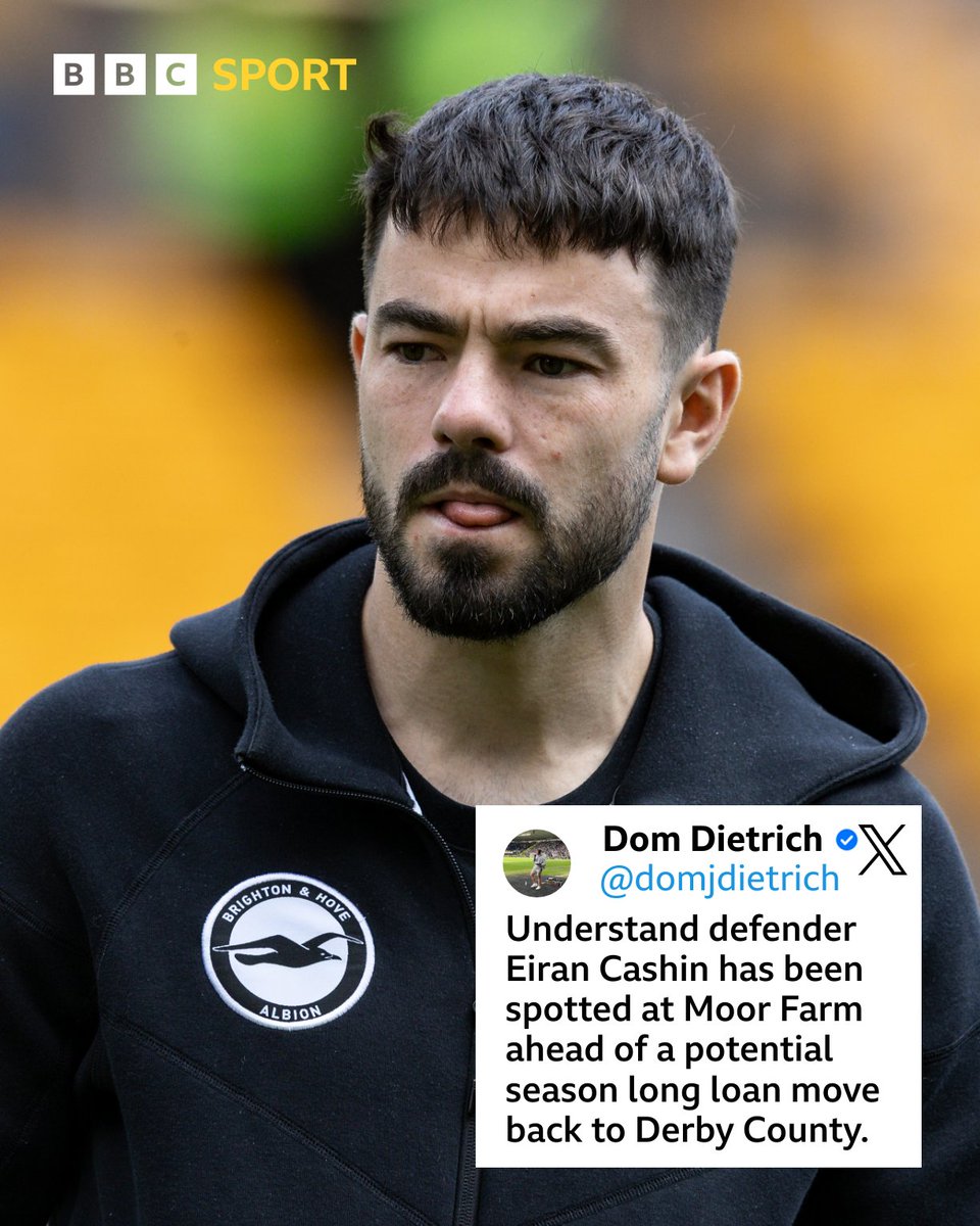 BBCDerbySport's tweet photo. Defender Eiran Cashin looks set to be on his way back to Derby County on a season long loan from Brighton &amp; Hove Albion 👇

#DCFC https://t.co/AFTwcUP4ki