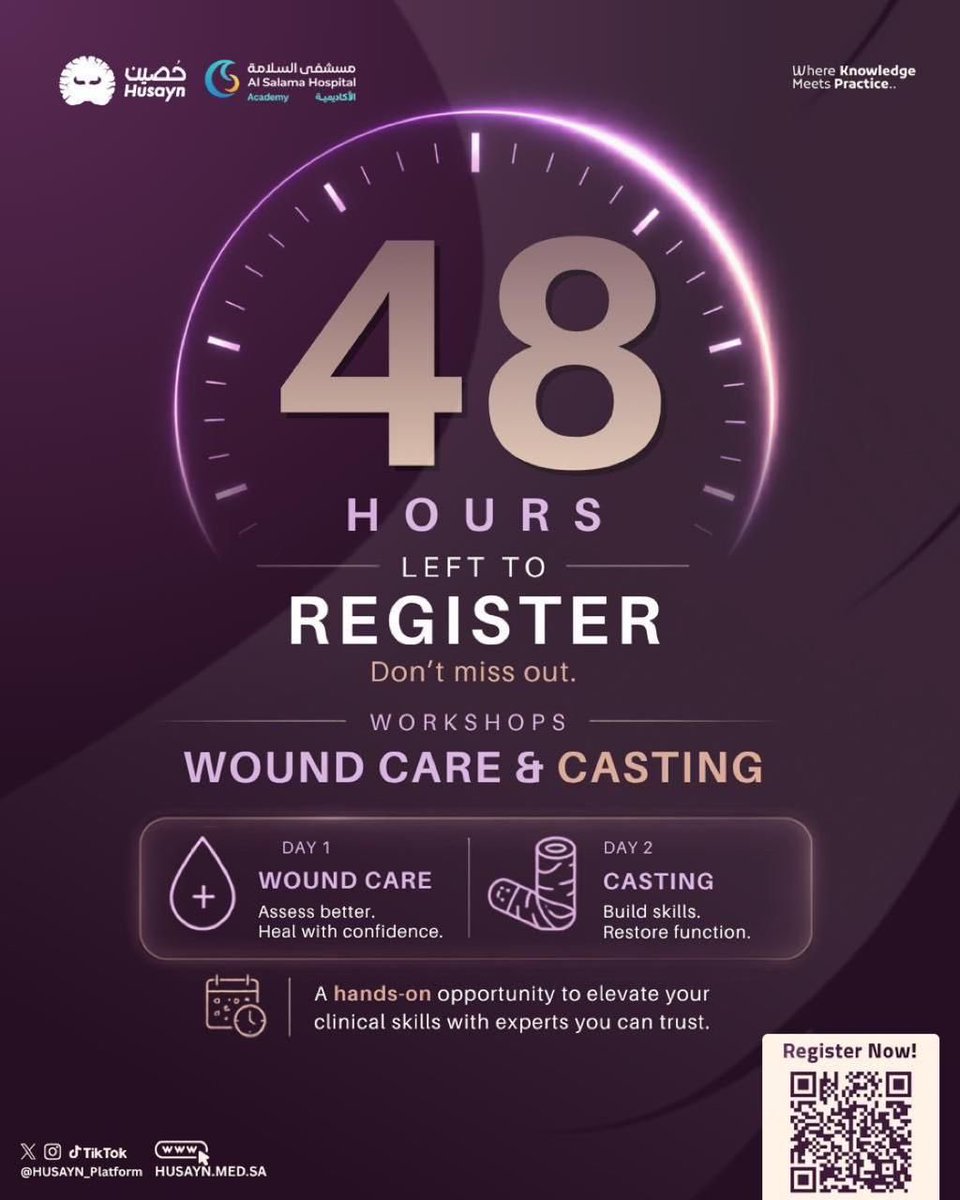 SULII_77's tweet photo. The seats are filling ,📈The countdown is on⏳

One last chance to join us for two days of hands-on wound care &amp; casting training, guided by experienced surgeons.

🚨Secure your seat before registration closes

Registration Link: https://t.co/fkWwamTbb1 https://t.co/V3eq9d1zbk