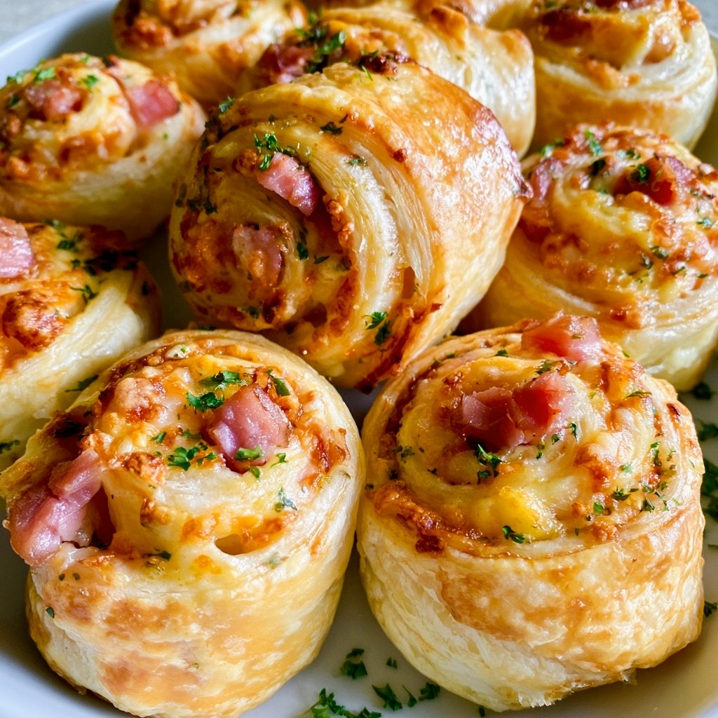 SpoonandSoul's tweet photo. Crispy Cheesy Ham Spirals🧀🥓
"Golden, crispy, cheesy, and irresistibly delicious"

Ingredients:
1 sheet puff pastry, thawed
150 g sliced ham
1 cup shredded mozzarella or cheddar cheese
2 tbsp grated Parmesan cheese
1 egg, beaten
1 tsp dried Italian herbs
½ tsp garlic powder
1 tbsp chopped fresh parsley
Black pepper, to taste
Method:
Preheat oven to 200°C (400°F) and line a baking tray with parchment paper.
Roll the puff pastry into a neat rectangle on a lightly floured surface.
Sprinkle the pastry evenly with garlic powder, Italian herbs, and a little black pepper.
Arrange the ham slices over the pastry, leaving a small border around the edges.
Sprinkle generously with mozzarella/cheddar and Parmesan.
Starting from one long side, roll the pastry tightly into a log.
Chill the log for 15–20 minutes to make slicing easier.
Cut into 2–3 cm thick spirals and place them cut-side up on the prepared tray.
Brush the tops with beaten egg and sprinkle with a little extra Parmesan and parsley.
Bake for 18–22 minutes, or until puffed, golden, and beautifully crisp.
Allow them to cool for a few minutes before serving.
 Tip: 
For extra crispy spirals, avoid overcrowding the baking tray and serve them warm while the cheese is still deliciously melty. 🧀🥓