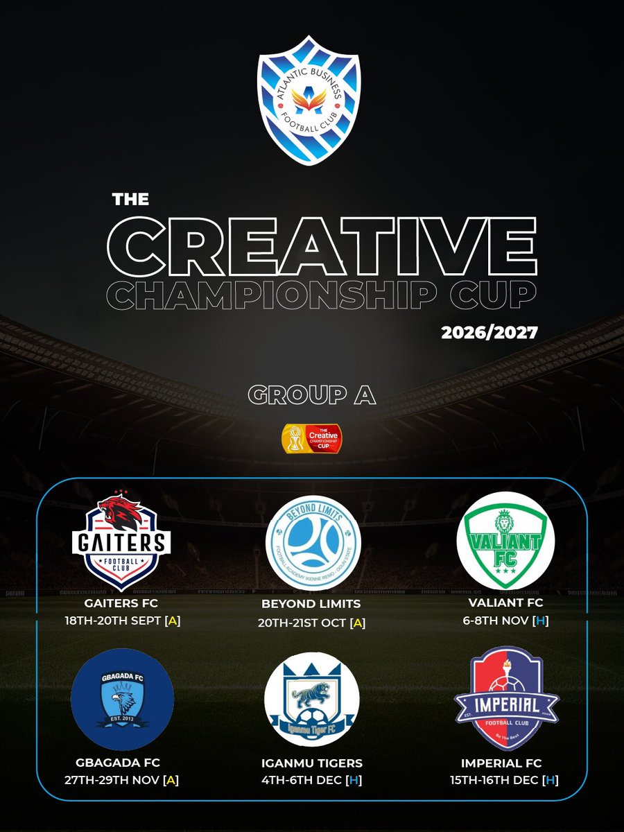 AtlanticBFC's tweet photo. TCC CUP🏆🔵⚪️
Our group stage begins against Gaiters FC!
Away first, then Beyond Limits FA next. All roads leads to Cup actions.
#ABFC #TCCCup https://t.co/mqrNU1GV8w