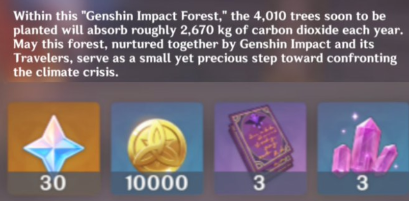 00UwU0's tweet photo. New Primogem code available! 🌲

Code: DUGODWKRHAKDNJ
• 30 Primogems
• 10k Mora &amp; 3 Hero's Wit

Celebrating 4,010 trees planted for the Forest Project! Claimed it yet? 👇

#Genshin #GenshinImpact #GenshinLeaks https://t.co/hJqjG8y2z1