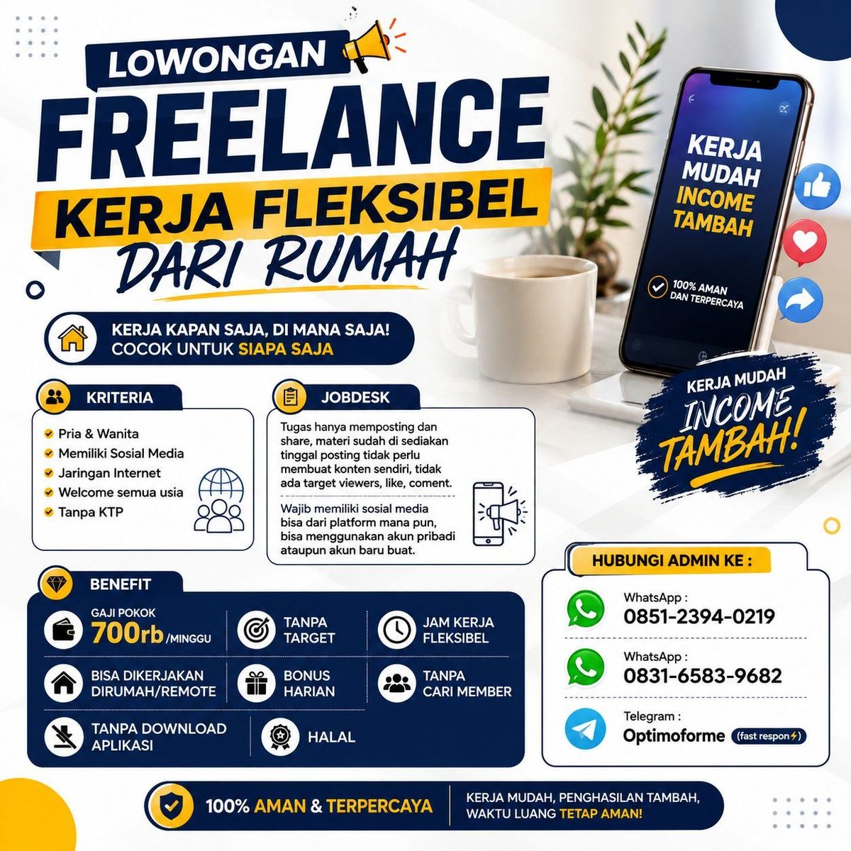 MagdalenaFina's tweet photo. KERJA ONLINE DARI RUMAH?

Ada kesempatan Freelance Admin Online 👀

📱 Sosial media
📌 Posting &amp; share materi
⏰ Fleksibel

Mau tahu detailnya? DM 💚

#Loker #Freelance #KerjaOnline https://t.co/LUSizwpl5d