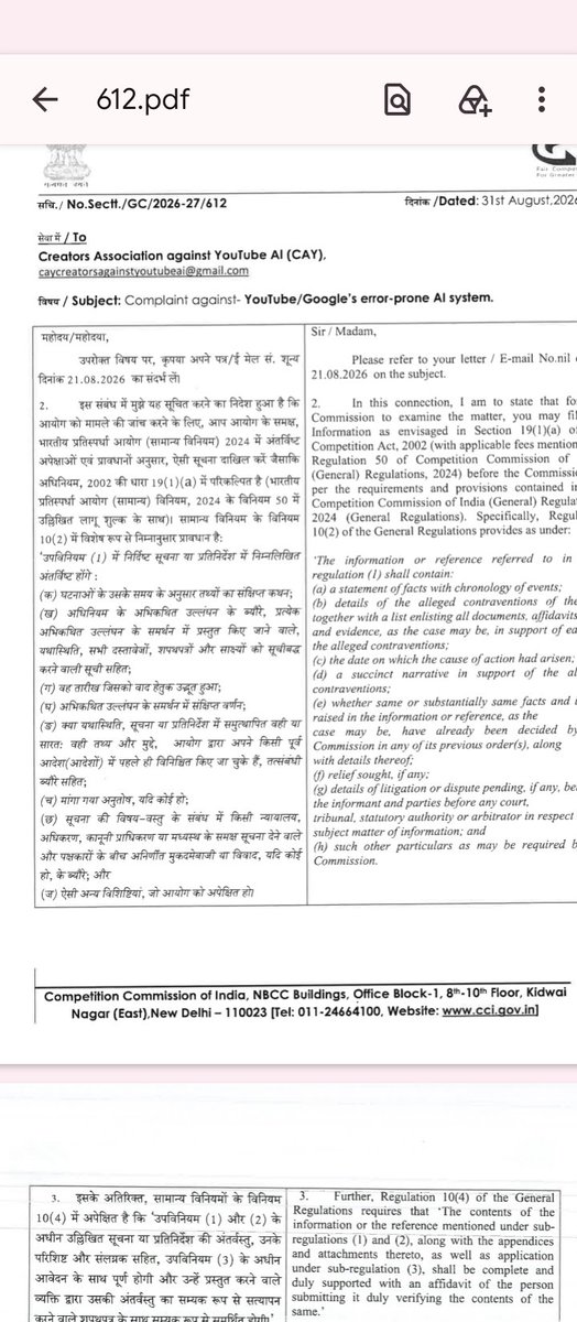 CAY_prahlad's tweet photo. बड़ा टेक प्लेटफॉर्म्स की मनमानी और लापरवाह AI सिस्टम अब और बर्दाश्त नहीं! 🚨
​Google/YouTube की तानाशाही के खिलाफ हमारी लड़ाई अब भारतीय प्रतिस्पर्धा आयोग (CCI) तक पहुँच चुकी है। CCI के निर्देशानुसार, हमने प्रतिस्पर्धा अधिनियम, 2002 की धारा 19(1)(a) के तहत औपचारिक कानूनी कार्रवाई शुरू कर दी है।
​यह सिर्फ एक तकनीकी गलती नहीं है, बल्कि लाखों क्रिएटर्स की मेहनत, उनके अधिकारों और रोजी-रोटी पर सीधा हमला है। जब देश के कानून से ऊपर कोई नहीं है, तो ये टेक जायंट्स क्यों कानून की धज्जियां उड़ा रहे हैं? यह लड़ाई इस बात की है कि डिजिटल इंडिया में मोनोपॉली की मनमानी अब और नहीं चलेगी। लड़ाई आखिरी हद तक लड़ी जाएगी! ⚖️✊
​📁 संस्था: Creators Association against YouTube AI (CAY)
📧 ईमेल: caycreatorsagainstyoutubeai@gmail.com
👤 नाम: प्रहलाद वैष्णव 
@BiggBoss_Tak @UpendrraRai @Ashneer_Grover @Kumkum26 @aditi_tyagi @Shasshi_Sharma @rajeev_dh @nilimdvns @iChiragPaswan @NewsAlgebraIND @anuraagmuskaan @maliniawasthi @nidhileo @thakur_shivangi @akhileshanandd @sucherita_k @awasthis @ARPITAARYA @shwetajhaanchor @swetatripathi14 @upadhyayabhii @TV9Bharatvarsh @MinakshiKandwal @SwetaSinghAT @anamikamber @ShobhnaYadava @richaanirudh @anjanaomkashyap