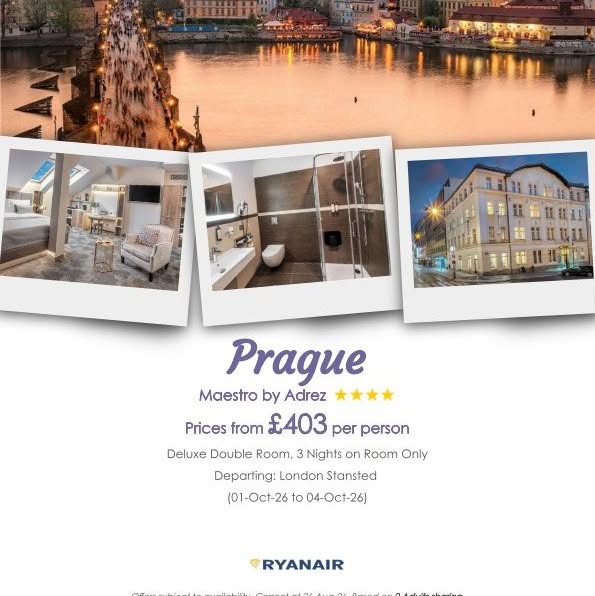 TrangRapkiimna's tweet photo. CITY BREAK SATURDAY – UPGRADE YOUR WEEKEND

Swap your usual plans for cobbled streets, riverside views, great food and a new city to explore. Enjoy a 3-night Prague break
4-star Hotel Maestro by Adrez
Deluxe double room
Room only
Flights from https://t.co/oDQ1NbFrmd