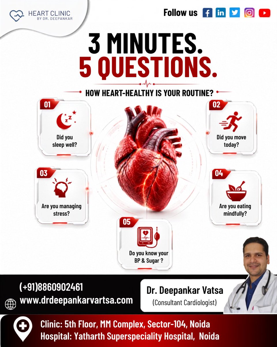 drdeepankarcard's tweet photo. 3 𝗠𝗜𝗡𝗨𝗧𝗘𝗦. 5 𝗤𝗨𝗘𝗦𝗧𝗜𝗢𝗡𝗦. 𝗛𝗢𝗪 𝗛𝗘𝗔𝗥𝗧-𝗛𝗘𝗔𝗟𝗧𝗛𝗬 𝗜𝗦 𝗬𝗢𝗨𝗥 𝗥𝗢𝗨𝗧𝗜𝗡𝗘? ❤️

👨‍⚕️ Dr. Deepankar Vatsa
Consultant Cardiologist
-
#HeartHealth #HeartAwareness #CardiacCare #HeartCare #Cardiology #Cardiologist #HeartProblems #KnowYourRisk https://t.co/sMy91VTcC0