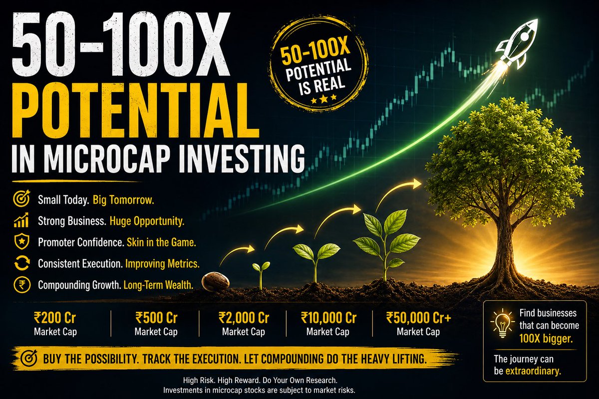 Rakesh_Invest's tweet photo. Everyone wants to find the next 50X or 100X stock.

Very few are willing to do the boring work required to find one.

The next massive wealth creator will probably not look like a multibagger when you first discover it.

It may have:

• ₹200–1,000 Cr market cap
• Low institutional ownership
• Limited analyst coverage
• A business that nobody is talking about
• Volatile earnings
• Temporary margin pressure
• A capacity expansion story that is still early
• A promoter who continues to buy
• A huge addressable market ahead

That is where things get interesting.

I personally look for businesses where the opportunity is much bigger than what the current valuation suggests.

For example:

A ₹500 Cr company becoming ₹5,000 Cr is already a 10X.

Becoming ₹25,000 Cr is 50X.

Becoming ₹50,000 Cr is 100X.

Sounds crazy today.

But every large wealth creator was once a small company.

The important question isn’t:

“Can this stock become 100X?”

The better question is:

“What would have to happen for this company to become 10X, 20X or 50X bigger?”

Then work backwards.

Revenue growth.
Margins.
Capacity.
Capital allocation.
ROCE.
Debt.
Promoter behaviour.
Industry tailwinds.
Market share.

And most importantly:

Can the business keep reinvesting and compounding for 10–15 years?

Because a 50X return usually isn’t created by one great quarter.

It is created by years of execution + earnings growth + multiple expansion + patience.

And there is another side nobody talks about.

For every potential 50X, there are plenty of companies that go nowhere.

Some lose 50%.
Some lose 80%.
Some disappear.

That’s why microcap investing isn’t about buying 50 different lottery tickets.

It’s about doing the work, understanding the downside and owning a small number of asymmetric opportunities where the upside can be many times the original investment.

Don’t chase the next 100X.

Find businesses that have the potential to become 100X bigger businesses.

The stock price usually follows eventually.

Think like a business owner.
Invest like a researcher.
Wait like a long-term investor.

That is where the real microcap game begins.

#Microcaps #Multibagger #Smallcaps #IndianStockMarket #Investing #WealthCreation #LNPRCapital