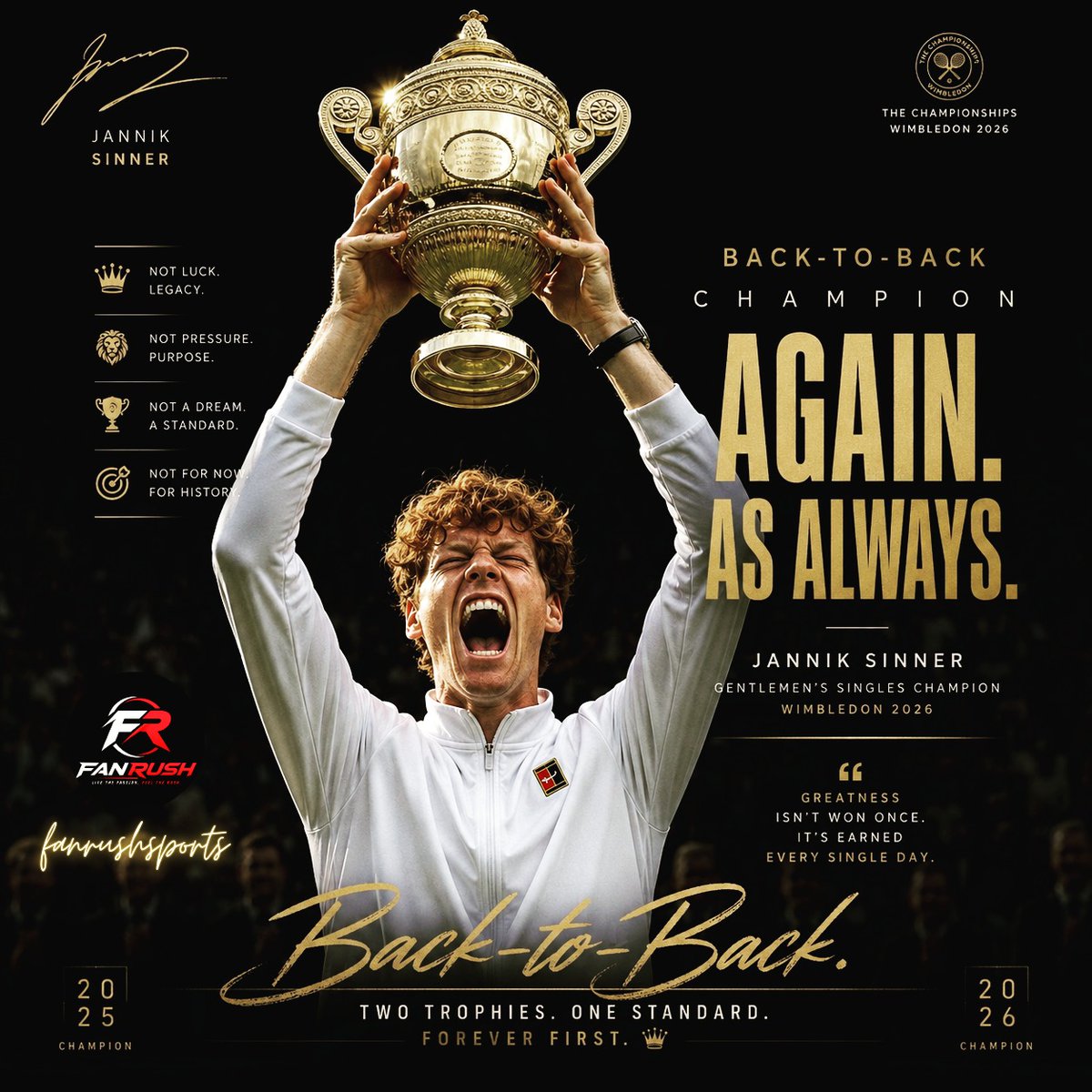 CherrieRonr6's tweet photo. The path wasn’t paved—it was built, point by point, title by title. Five Grand Slams, back-to-back Wimbledon titles, World No. 1, and a completed Career Golden Masters. Jannik Sinner isn’t chasing history—he’s rewriting it through relentless https://t.co/K6ywNYwdS7