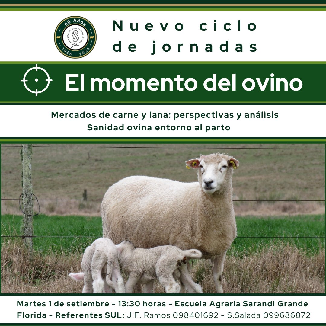 SUL_uy's tweet photo. 🔔 Hoy martes 1 y miércoles 2 de septiembre continúa el Ciclo de Jornadas de divulgación presenciales El momento del ovino 🐑 en Florida y Salto. ✅✅ https://t.co/SWuhLr6AnO