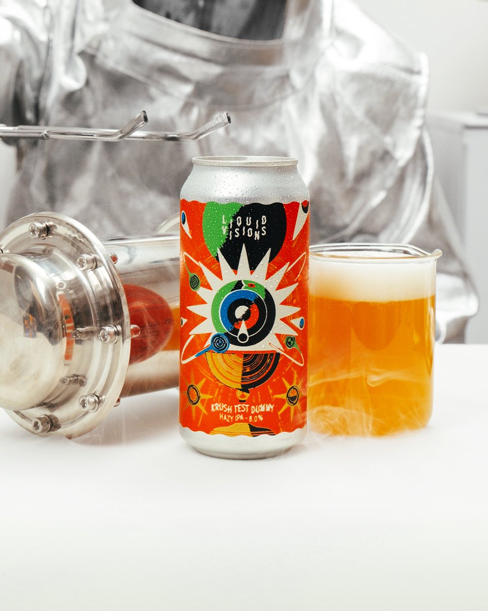 BrewDog's tweet photo. The first chapter: Krush Test Dummy, an 8% Double Hazy IPA pushing the new Krush hop variety to its limit. 
 
Think juicy tropical and stone fruit vibes with soft bitterness tucked underneath. It’s like a hop-induced daydream, luxurious and unruly all at once. Artwork by Jor Ros. https://t.co/rjr7wUMI6l