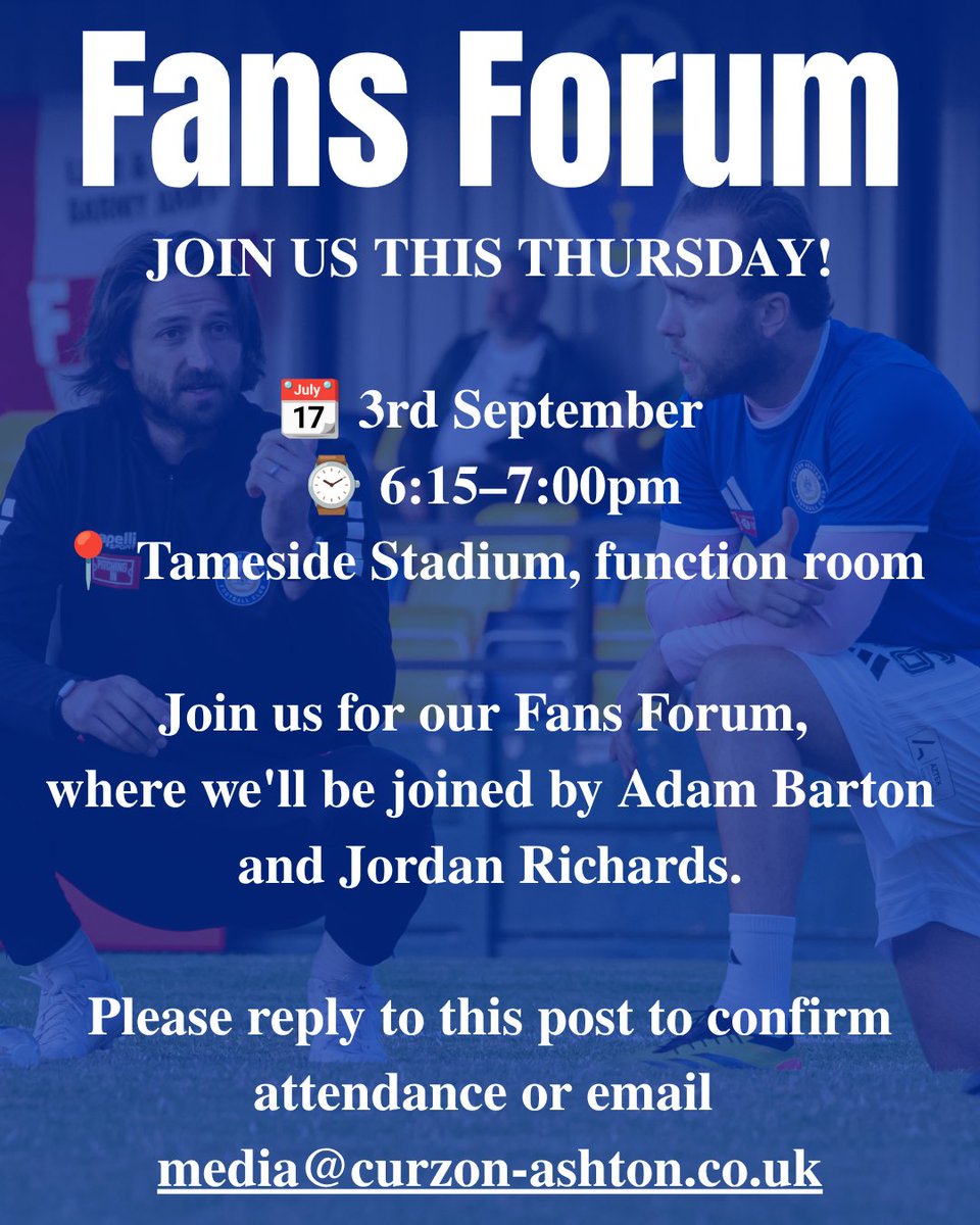 CurzonAshton's tweet photo. π£ This Thursday, we will be hosting a Fans Forum and will be joined by Adam Barton and Jordan Richards.
If you would like to attend, please reply to this post or email media@curzon-ashton.co.uk
#BackTheNash | #TheNextStepTogether https://t.co/NkpsJ7QU9W
