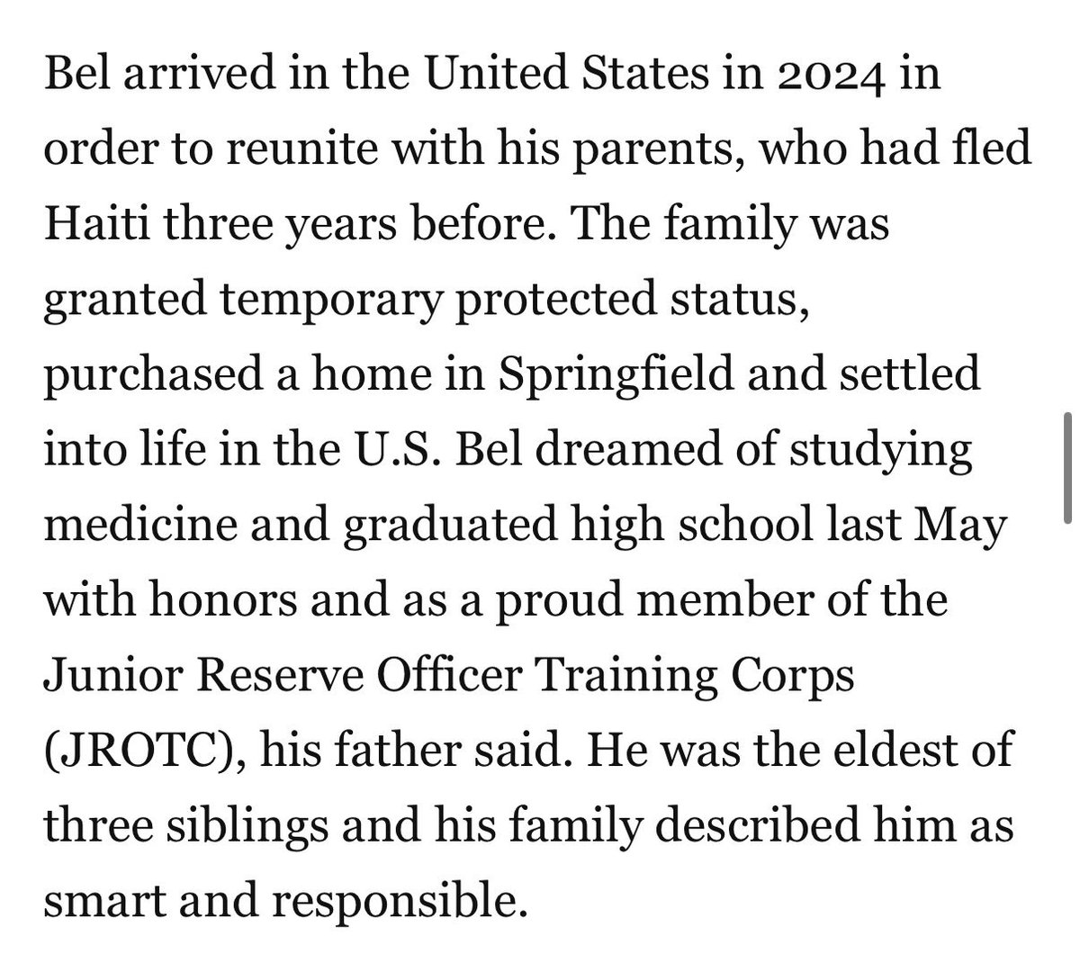 ReichlinMelnick's tweet photo. A promising young man, a high school honors grad who joined JROTC and dreamed of becoming a doctor, just killed himself because of the Trump admin’s obsession with hurting Haitians and the humiliating shame of an ICE ankle monitor.

His blood is on their hands. https://t.co/Pil11WLM7F