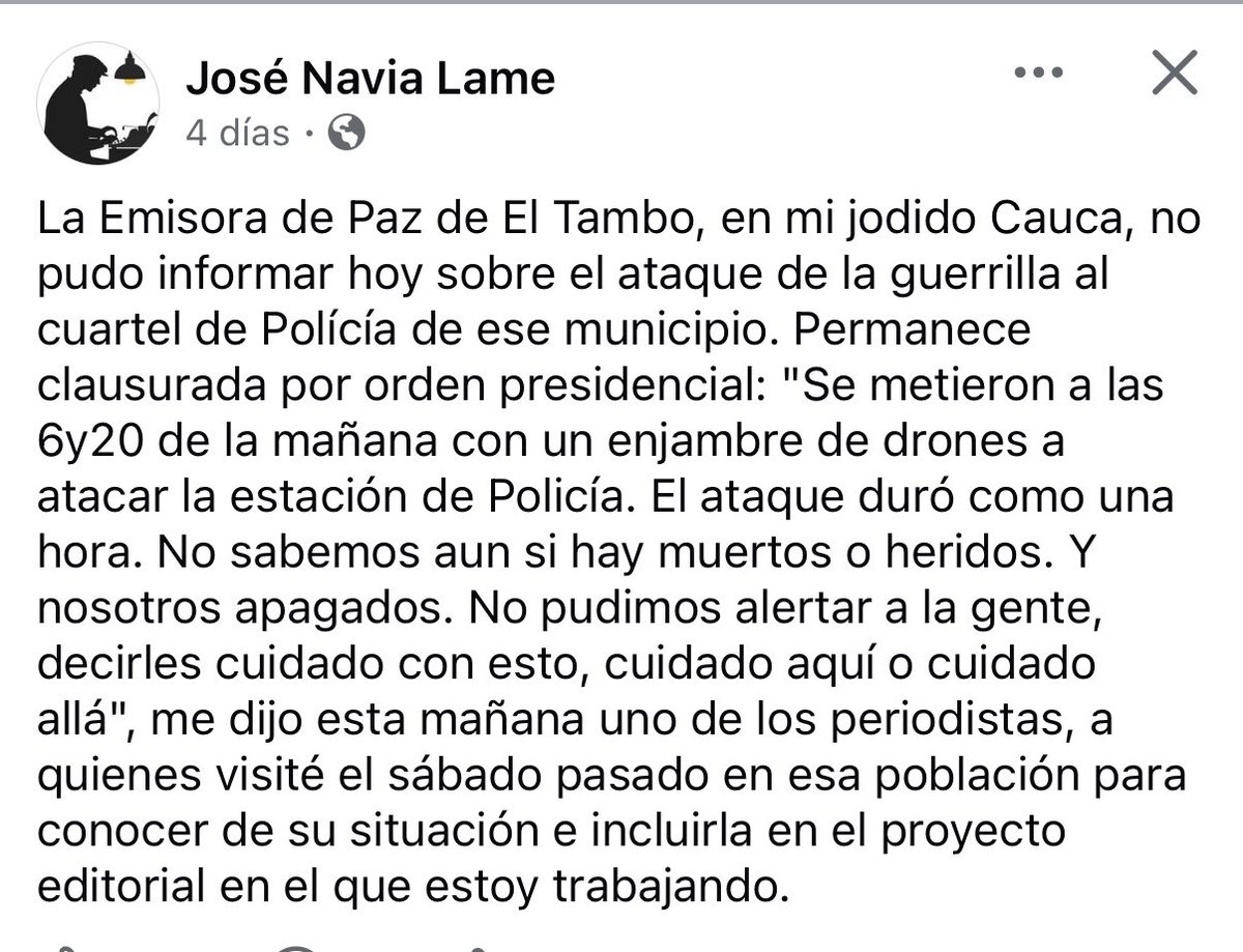 cataoquendo's tweet photo. Del querido cronista Jose Navia, sobre el impacto real del silenciamiento a las emisoras de paz. La vida real que no quieren ver desde Bogotá https://t.co/WzLApLFEWo