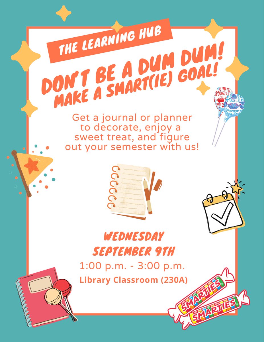UISLearningHub's tweet photo. Don’t Be a Dum Dum! Make a SMART(ie) Goal!
with The Learning Hub

Wednesday, Sept 9th
1 pm - 3 pm
Library Learning Center BRK 230A

Get a free planner/journal from The Hub to decorate &amp; talk with us about your semester plans. Set SMART goals for yourself &amp; get ahead early! https://t.co/eprCzA4CV7