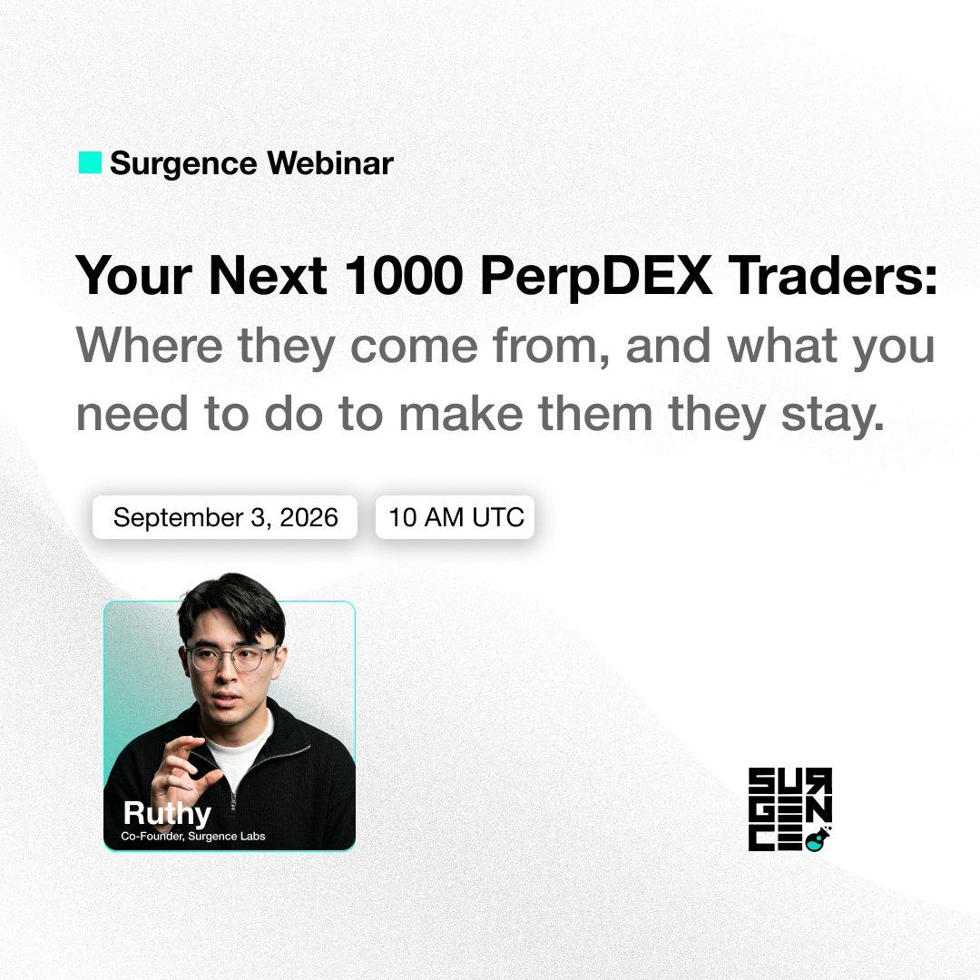 surgence_io's tweet photo. Points programs bring traders in. Almost none of them keep traders once the emissions stop.

In two days, @ruthybuilds will break down where your next 1,000 real traders come from, and what makes them stay after the incentives end.

Save your spot: https://t.co/oMoPUj1IA0 https://t.co/nXqpGXYEd1