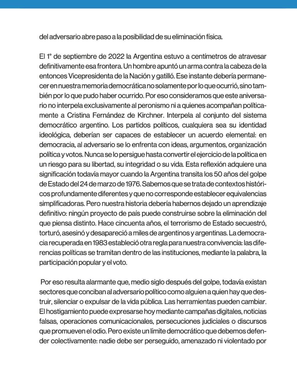 FGBuenosAires's tweet photo. La democracia no admite la eliminación del adversario. 

Por más democracia, participación y respeto. https://t.co/WLcMwEkQrM