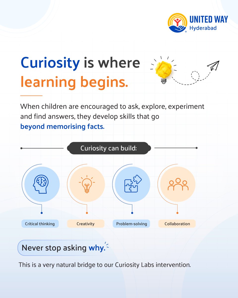 unitedwayhyd's tweet photo. What if every “Why?” could spark a new possibility? 

Through Curiosity Labs, we create spaces where children can ask questions, experiment, explore and discover - turning curiosity into meaningful learning and essential life skills.

#CuriosityMatters #CuriosityLabs @UnitedWay https://t.co/8llqDDaPlv