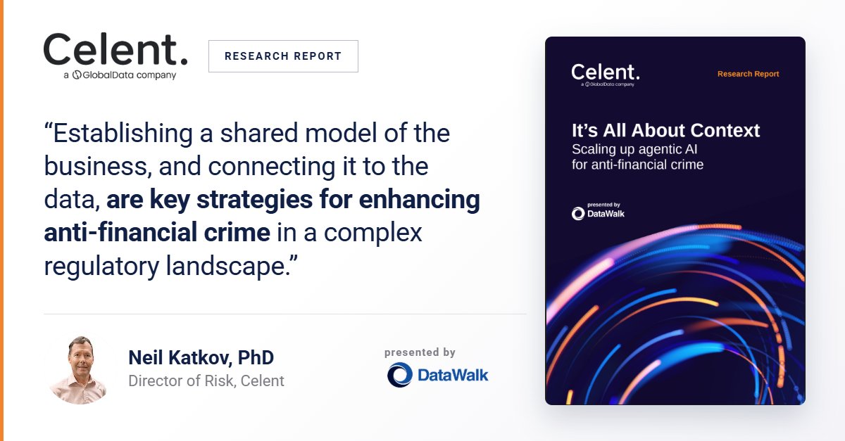 DataWalk's tweet photo. The majority of financial institutions say siloed data is holding back their fight against financial crime. Yet the appetite for agentic AI has never been higher.  

In @Celent_Research 's latest  report,  Neil Katkov (@nkatkov ) shows how Enterprise Knowledge Graphs (already recognized in the financial crime domain for providing intelligence at scale) give AI agents the connected analytical power to take reliable action against complex financial crime.  

67% of institutions plan significant investment in data architecture over the next 12–18 months. That investment will either create the foundation for agentic AI, or another layer it has to work around.  Read it now here: https://t.co/6ZC2zvCxuv