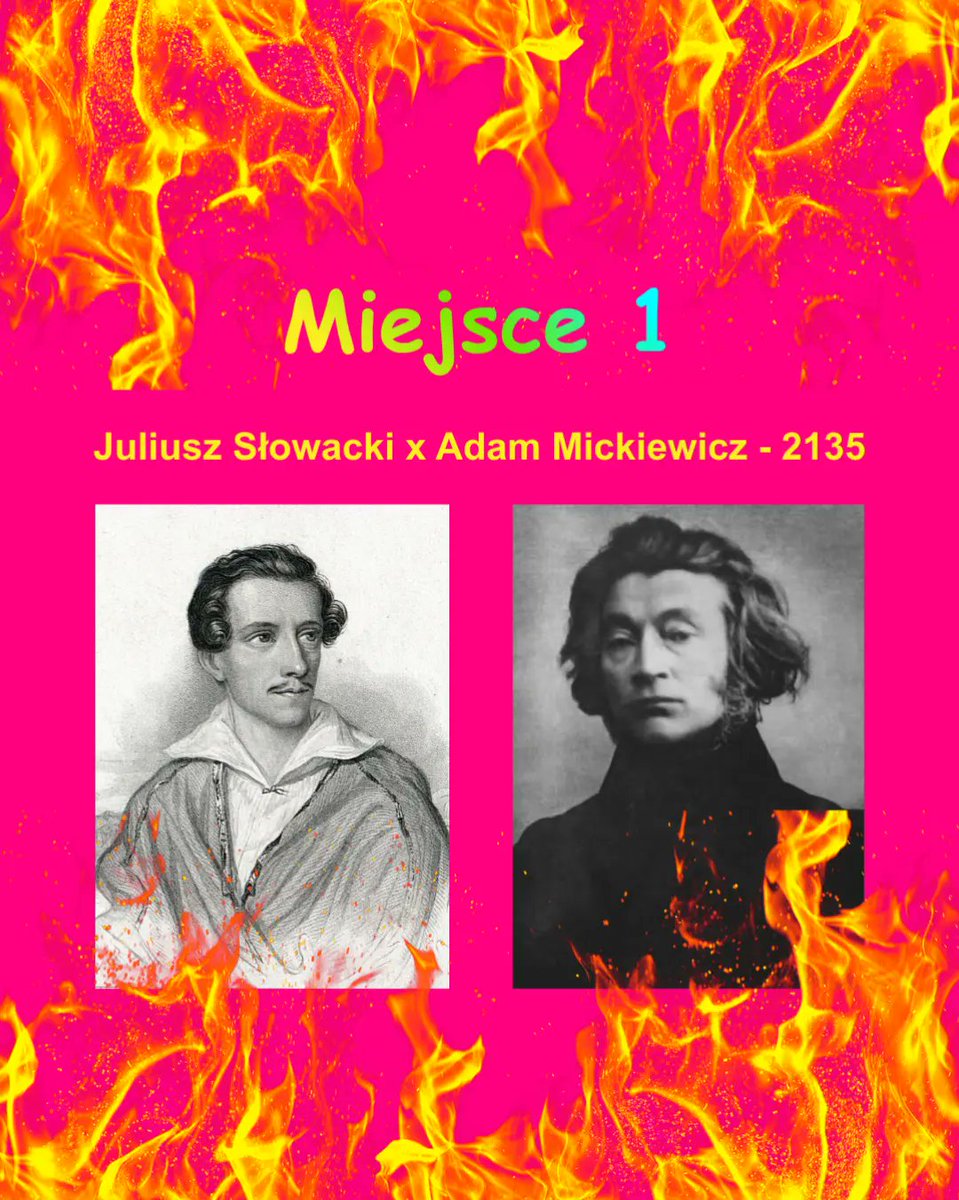 enwariinn's tweet photo. Miejsce 1
Juliusz Słowacki x Adam Mickiewicz - 2135 głosów https://t.co/vTR8EPiGEt
