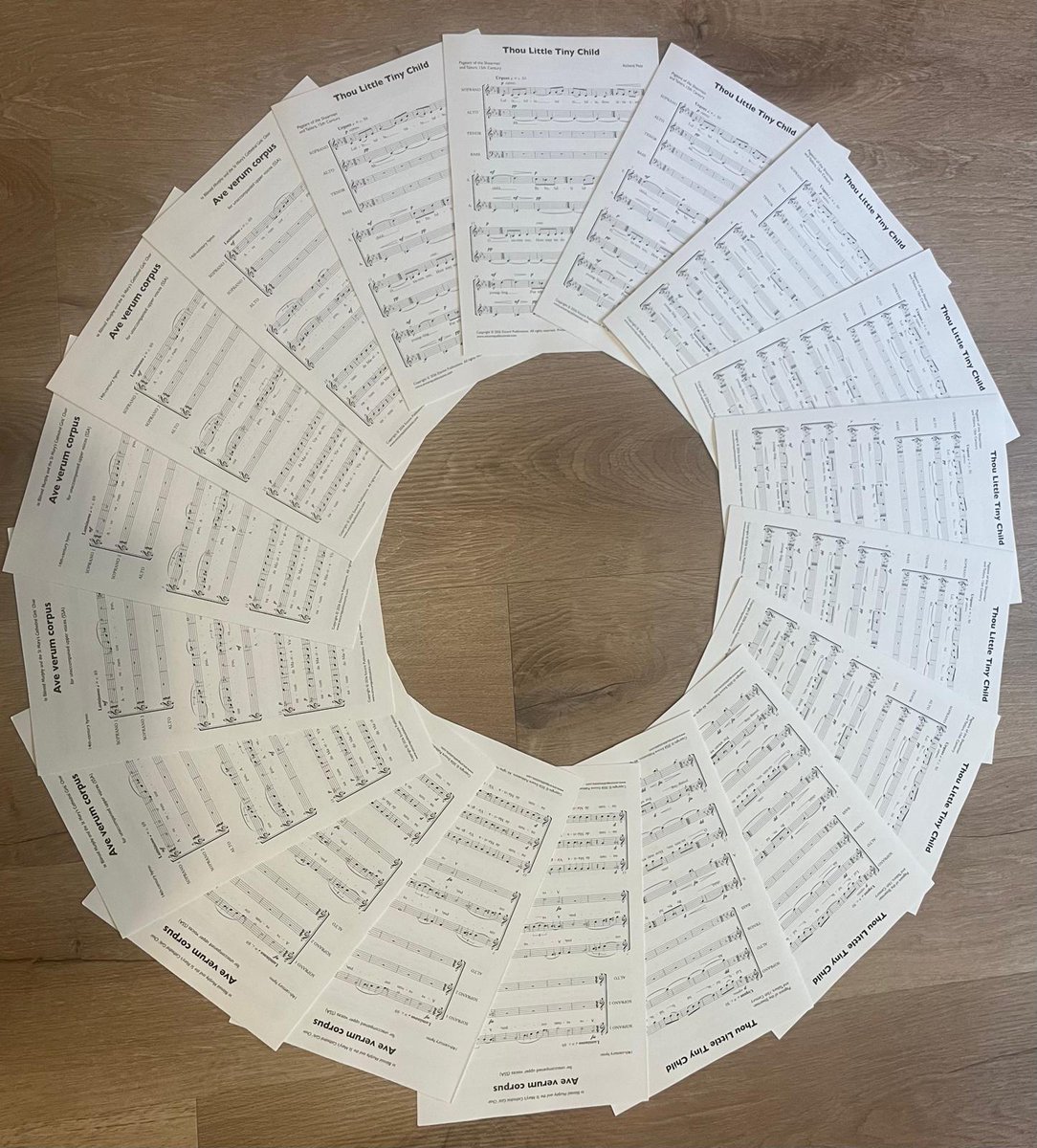 ComposerPeat's tweet photo. PUBLICATION DAY! Thrilled to receive these perusal copies of 'Thou Little Tiny Child' (SATB) and 'Ave Verum Corpus' (SSA) in such gorgeous editions from @encorepubs. https://t.co/e35ZwSurkF