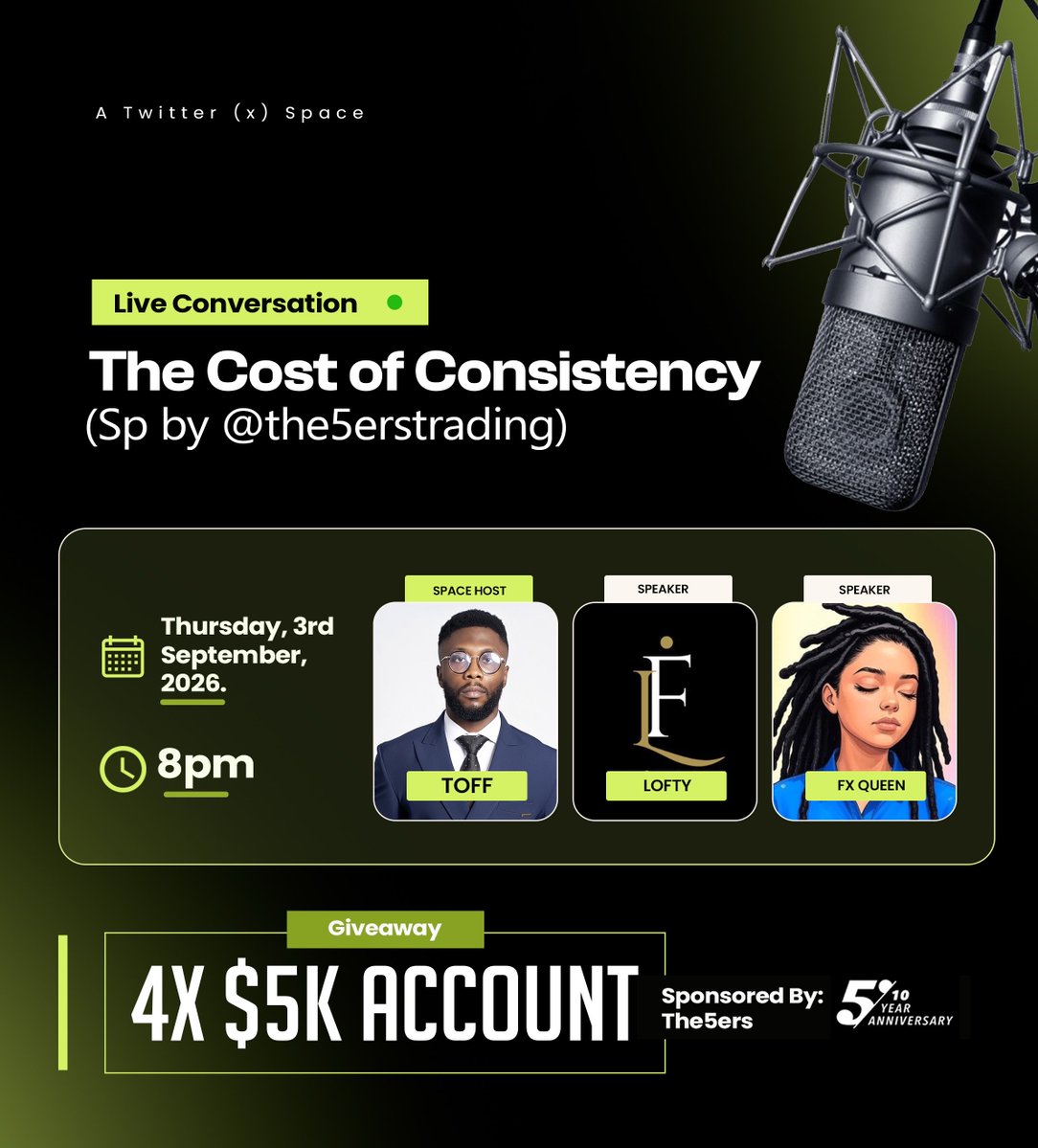 TheToff_'s tweet photo. Everybody wants consistency,

Until they receive the invoice.

And most people quit the moment it’s time to pay.

You see the profitable trader, but you don’t see the version of him that had to die first.

This conversation on Thursday is one you should not miss.

Topic: The Cost of Consistency 

Host: @TheToff_ 

Speakers: @_Loftyx , @PrincessElendu 

Time: 8pm

Date: Thursday, Sept 3rd, 2026

Sponsor: @the5erstrading

(Bonus: Like, Retweet, Engage this post to win any of the 4 X $5K @the5erstrading prop accounts)