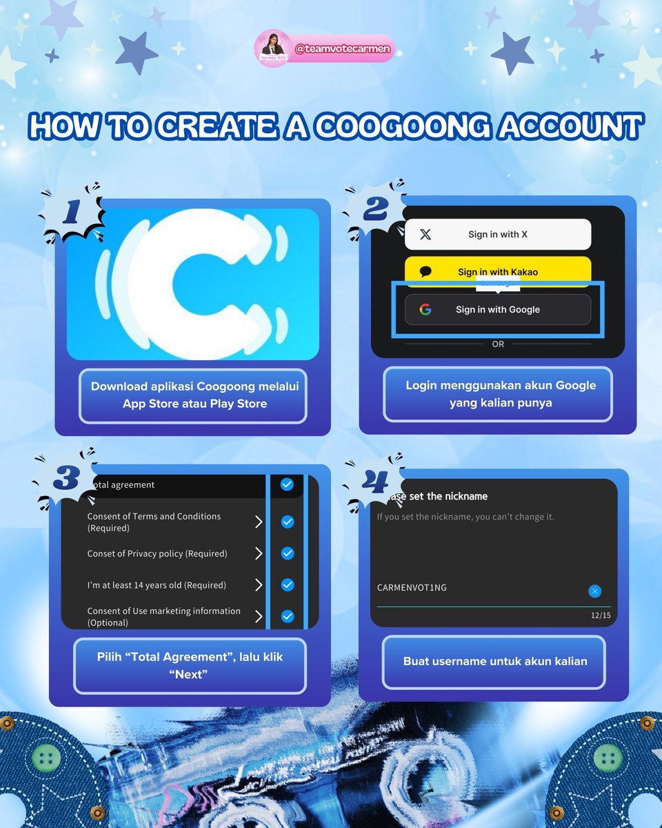 teamvotecarmen's tweet photo. 📢 COOGOONG VOTING TUTORIAL — CARMEN

Still new to Coogoong or unsure how to vote? We’ve prepared a complete guide to help you get started!

From creating an account and collecting Blue & Gold Hearts to voting for Carmen, everything you need is covered in the tutorials below 👇

Please make sure to collect your hearts every day and watch the available ads! We can’t afford to let our guard down while other fandoms have already started pushing their votes 😃 Let’s stay consistent and keep the momentum going!

Let’s do our best and support Carmen together! 🫶🏻

#CARMEN #카르멘 #カルメン #Hearts2Hearts