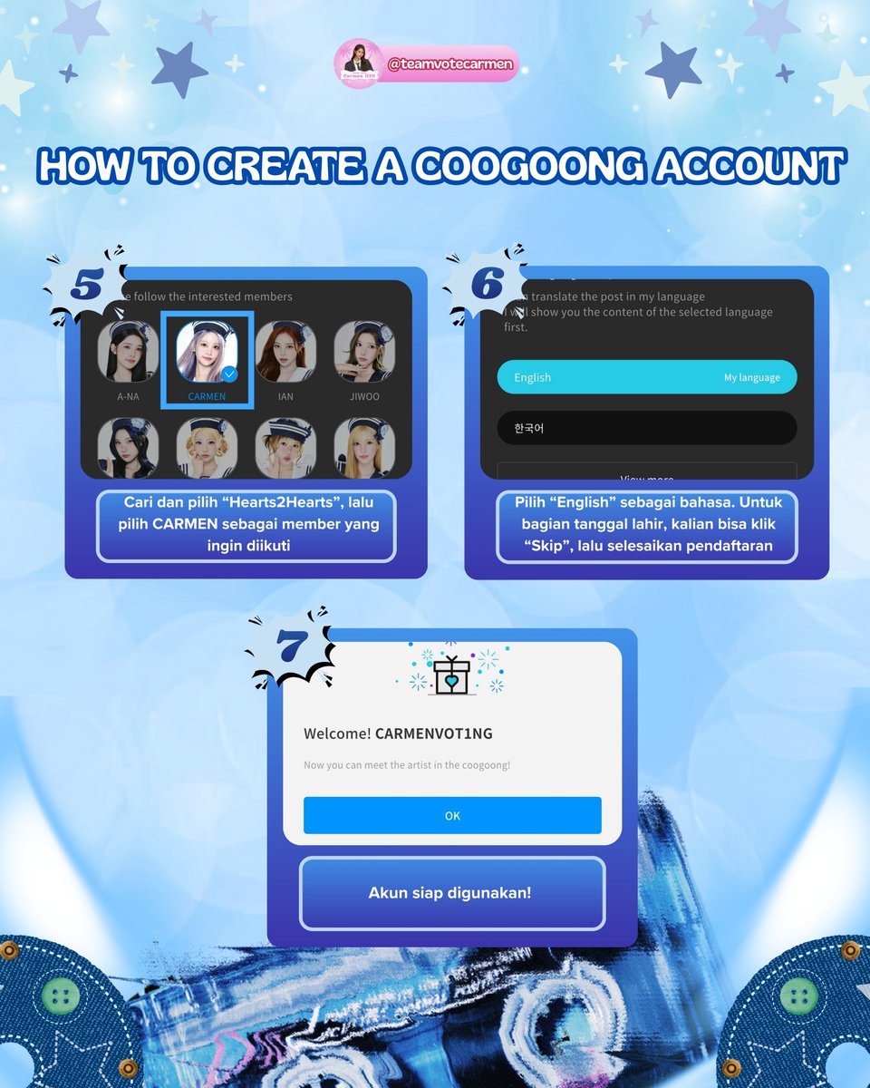 teamvotecarmen's tweet photo. 📢 COOGOONG VOTING TUTORIAL — CARMEN

Still new to Coogoong or unsure how to vote? We’ve prepared a complete guide to help you get started!

From creating an account and collecting Blue & Gold Hearts to voting for Carmen, everything you need is covered in the tutorials below 👇

Please make sure to collect your hearts every day and watch the available ads! We can’t afford to let our guard down while other fandoms have already started pushing their votes 😃 Let’s stay consistent and keep the momentum going!

Let’s do our best and support Carmen together! 🫶🏻

#CARMEN #카르멘 #カルメン #Hearts2Hearts