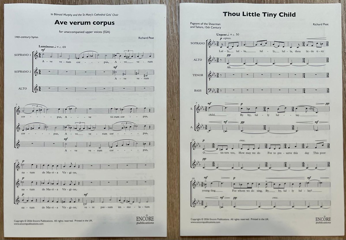 ComposerPeat's tweet photo. PUBLICATION DAY! Thrilled to receive these perusal copies of 'Thou Little Tiny Child' (SATB) and 'Ave Verum Corpus' (SSA) in such gorgeous editions from @encorepubs. https://t.co/e35ZwSurkF