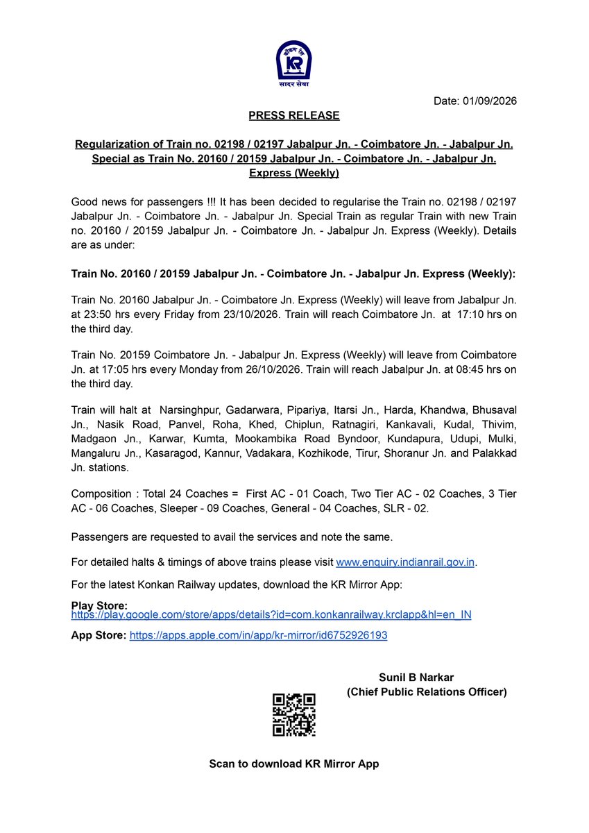 KonkanRailway's tweet photo. Regularization of Train no. 02198 / 02197 Jabalpur Jn. - Coimbatore Jn. - Jabalpur Jn. Special as Train No. 20160 / 20159 Jabalpur Jn. - Coimbatore Jn. - Jabalpur Jn. Express (Weekly) https://t.co/A2YBEXCwg7