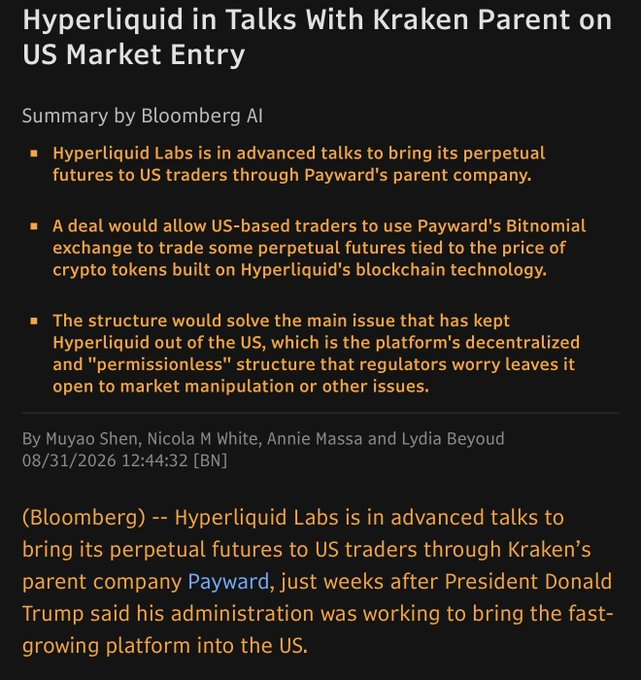 NotSoEasyMoney's tweet photo. If this is real...
How high does $HYPE go!? 

Hyperliquid is reportedly in talks with Kraken's parent on a US market entry

HYPE is a top 10 asset that US retail basically can't touch through a compliant onramp

That's been the ceiling the whole time. 

It's difficult for anyone whose not crypto native or crypto savvy to even get onto and use Hyperliquid directly, thankfully many partners have wrappers that enable a user, but still VPNs n more just to access it. 

What's the over/under on $HYPE price within 30 days of a confirmed US launch? $100 feels cheap...