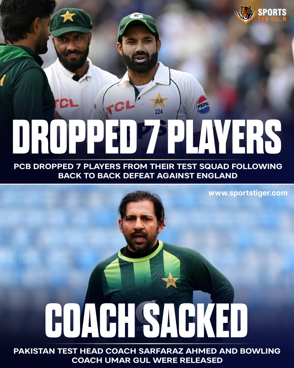The_SportsTiger's tweet photo. 🚨 PCB hits the reset button! 🇵🇰
Seven players dropped and the coaching staff released following back-to-back Test defeats. 🏏📉
Clean slate or complete chaos? 👀
#PakistanCricket #PCB #Cricket #TestCricket #ENGvPAK https://t.co/JKycLiuCD5