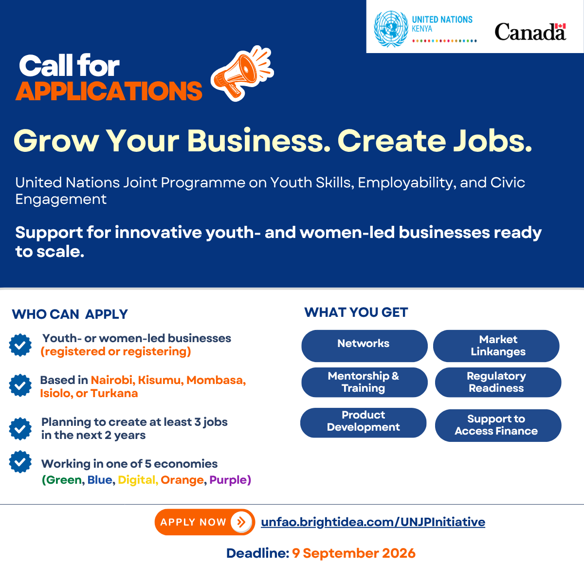 UNFPAKen's tweet photo. 📢 Call for applications!

The UN Joint Programme invites innovative youth- or women-led businesses in Nairobi, Kisumu, Mombasa, Isiolo &amp; Turkana to apply for tailored support to scale and create 3+ jobs in 2 years.

Learn more and apply here: https://t.co/smvJG7bv1f https://t.co/yqZEvh6Ilc