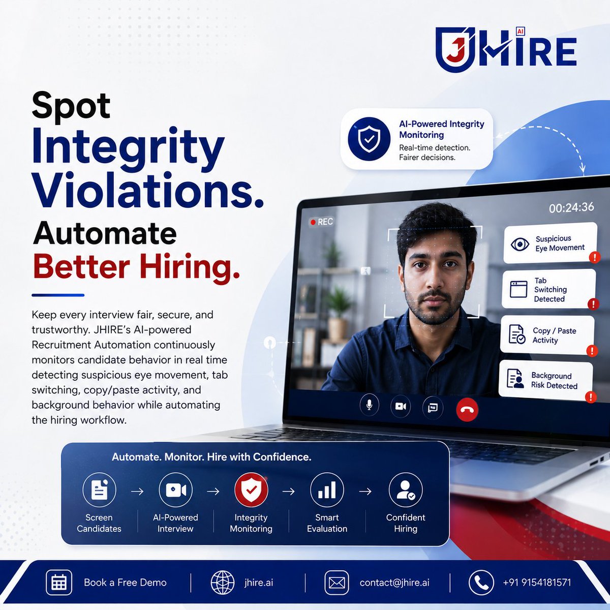 jhireai's tweet photo. AI-powered recruitment automation helps detect integrity risks during interviews with real-time monitoring of candidate behavior.
Book a free demo: https://t.co/MRZ1jdM1go
#JHIRE #AIHiring #RecruitmentAutomation #AIRecruitment #HRTech #SmartHiring #IntegrityMonitoring https://t.co/HC9BKuqpKE