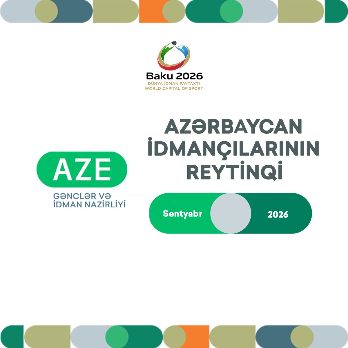 officialmys's tweet photo. 🔝🇦🇿 Azərbaycan idmançılarının 1 sentyabr 2026-cı il tarixinə olan reytinq cədvəli açıqlandı!

Ətraflı: https://t.co/MT5frBCTdI

#Gənclərİdman #birkimibirlikdə #AZEsport https://t.co/I0GPN0A3Jn