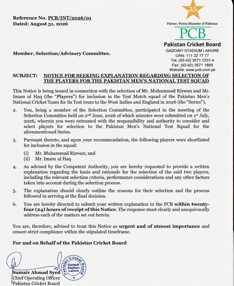 aHmADmIaN150's tweet photo. 🚨 PCB LETTER TO SELECTION COMMITTEE 🚨
PCB has sought an explanation from the Selection Committee over the selection of two players in the Test squad:
1️⃣ Imam-ul-Haq
2️⃣ Muhammad Rizwan
The committee was given 24 hours to respond.
But instead of standing by his decisions and giving an explanation, Misbah-ul-Haq chose to resign - taking a safe exit, as usual...!