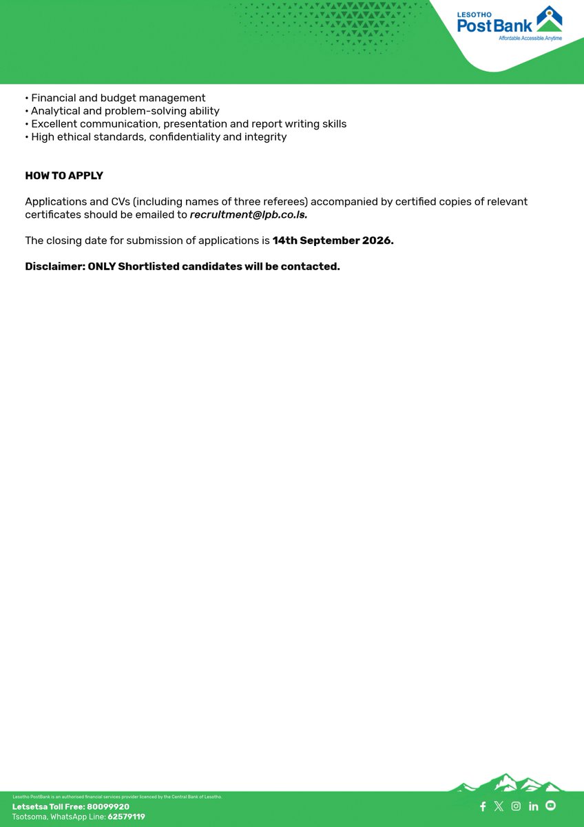 LESOTHOPOSTBANK's tweet photo. ๐๐๐๐๐ง๐๐ฒ!!!
We are looking for a suitably qualified candidate for the following position:
โข ๐๐ฑ๐๐๐ฎ๐ญ๐ข๐ฏ๐ ๐๐๐จ๐ฉ๐ฅ๐ ๐๐ง๐ ๐๐ฎ๐ฅ๐ญ๐ฎ๐ซ๐
https://t.co/qQXJ8Zj7Qt
#LesothoPostBank #TheOnlyBasothoBank https://t.co/VJV8Aj0uT3