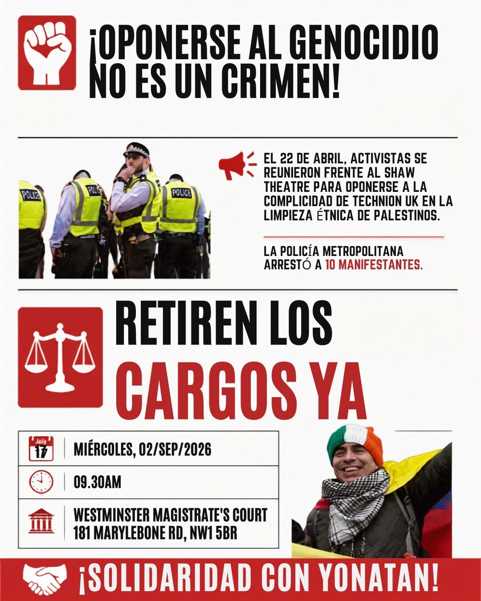 GustavoBolivar's tweet photo. Yonatan Mosquera, padre de dos, colombiano radicado en Inglaterra hace 30 años, trabajador de la salud, será llevado a la Corte por protestar pacíficamente contra el genocidio en Palestina. No tiene antecedentes.
RT Mañana es la audiencia y pide a compatriotas que viven en Londres que lo acompañen a ver si la policía retira los cargos. #SolidaridadConYonatan
