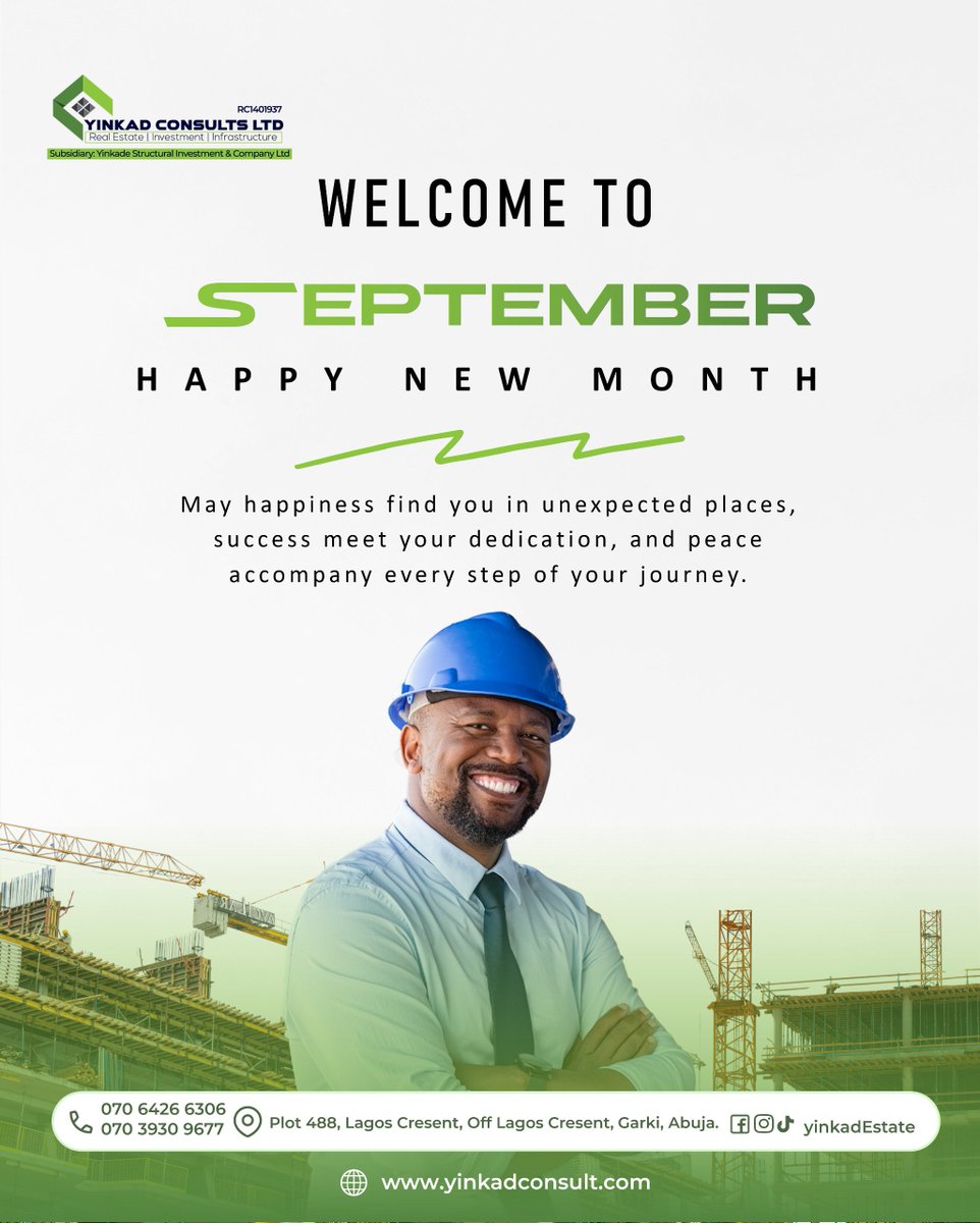 YinkadEstate's tweet photo. Welcome to September! 🎉

To our valued partners and esteemed clientele, thank you for your continued trust and support.

May this new month bring you new opportunities, meaningful progress, profitable decisions and greater success.

#HappyNewMonth from Yinkad Consult Ltd. 💚 https://t.co/xYcG1qWGTQ