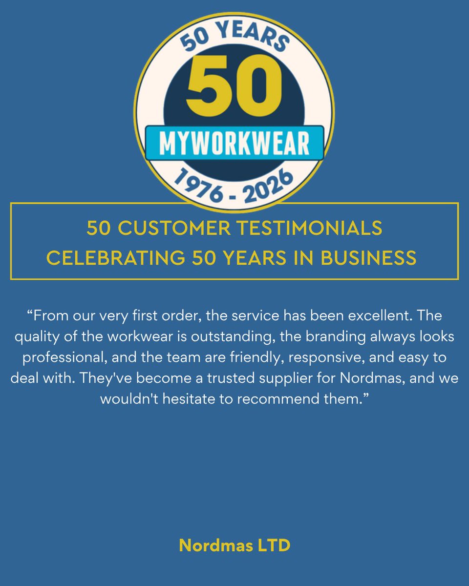 MyWorkwearCo's tweet photo. 50 Customer testimonials celebrating 50 years in business 💙

Learn more about Nordmas: https://t.co/2cmzziFb1N
Learn more about us: https://t.co/Oh62dZwMX2

#MyWorkwear #CustomerTestimonials https://t.co/4eZcWF3r1z