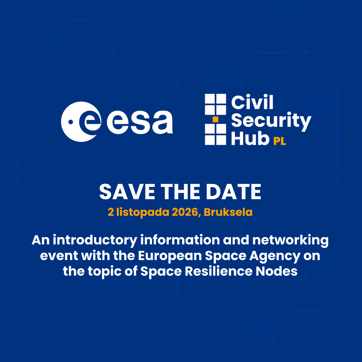 CSHub_PL's tweet photo. @esa organizuje wydarzenie poświęcone #spaceresiliencenodes i praktycznemu wykorzystywaniu technologii kosmicznych w #zarzadzaniekryzysowe.

Szef CIK @CBK_pan, dr @JakubRyzenko, przedstawi doświadczenia #cshubpl jako przykładu krajowego podejścia do SRN.

📍 Bruksela | 02/11/2026 https://t.co/47FFkXKpIV
