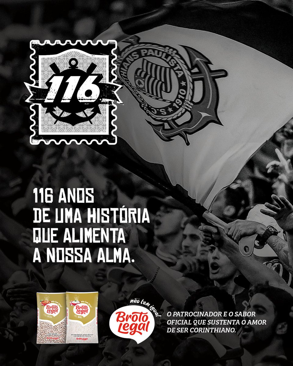 Corinthians's tweet photo. Não nasceu de berço de ouro, não vive de momento e não depende só de taça pra ser gigante.

O Corinthians é o operário de 1910, o grito engasgado de 77, a invasão no Maracanã, a loucura no Japão e a tradição sagrada que passa de pai pra filho em volta da mesa em todo almoço de domingo.

São 116 anos de história, de entrega e de um sentimento que a razão nunca vai conseguir explicar.

A Broto Legal tem o orgulho de ser o combustível oficial que alimenta essa paixão de mais de 30 milhões de loucos todos os dias.

#Corinthians116Anos
#BrotoLegal
#VaiCorinthians