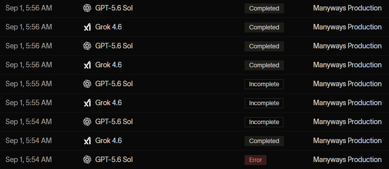 manyways_rh's tweet photo. If you experience any consistent issues with a single model, or single prompt, please flag it to me here or within a direct message. 

We'll modify any existing caches if a provider suddenly misbehaves upstream, and ensure it's resolved quickly. 

For example - noticed a fresh batch here, which was a quick solve.

Democratized and observable inference, $MANY.
0xa26992c4268a8a78a4d872fe4bdad2ed03ac287d
