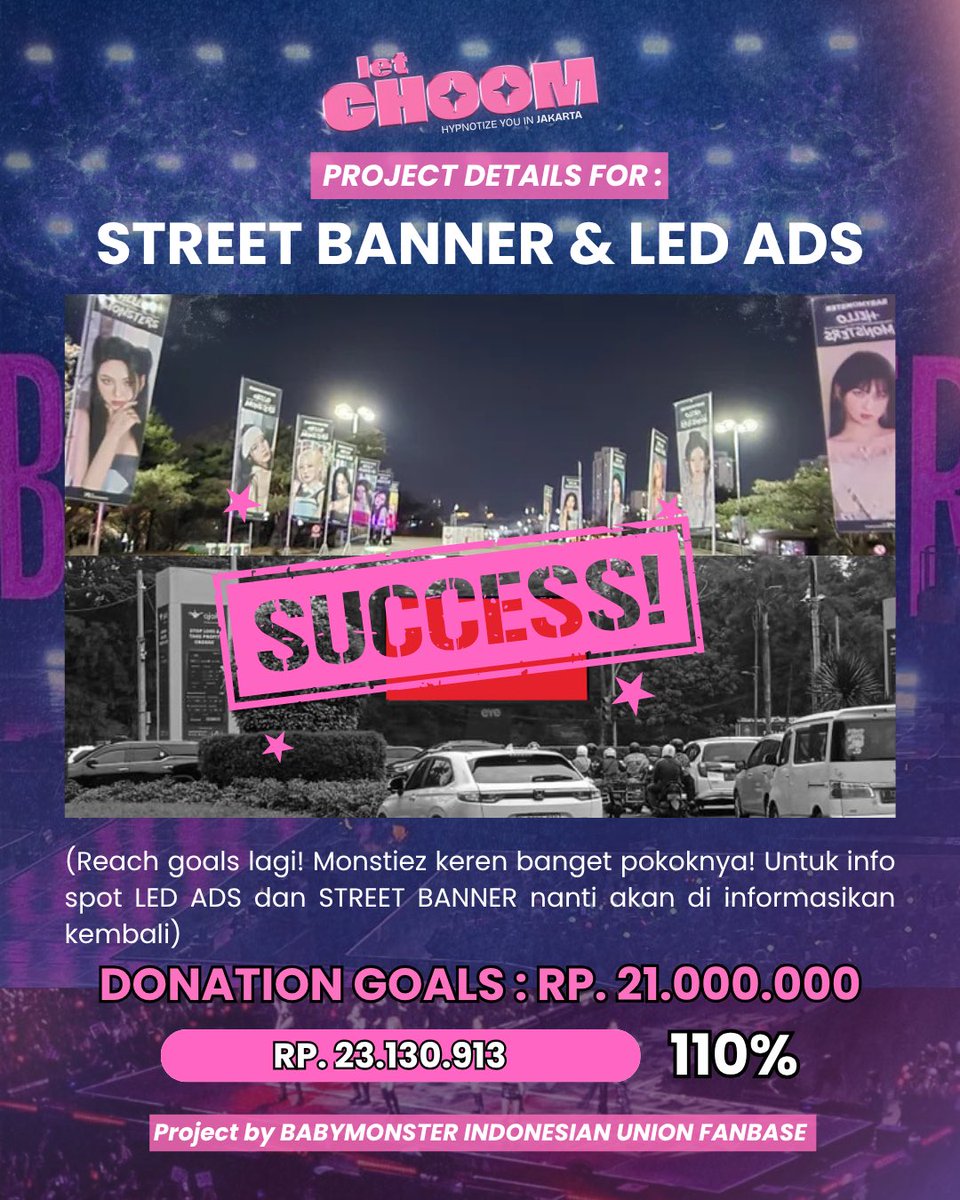 Monstiez_INA's tweet photo. ‼️STREET BANNER &amp; LED ADS: ACHIEVED‼️

MONSTIEZ, WE DID IT
Street Banner &amp; LED Ads akhirnya berhasil diamankan jugaa!✨

Sebentar lagi Jakarta akan dihiasi project spesial untuk menyambut BABYMONSTER. 

#LetChoomHypnotizeJakarta #BABYMONSTER #베이비몬스터 https://t.co/cKEPMJ8p01