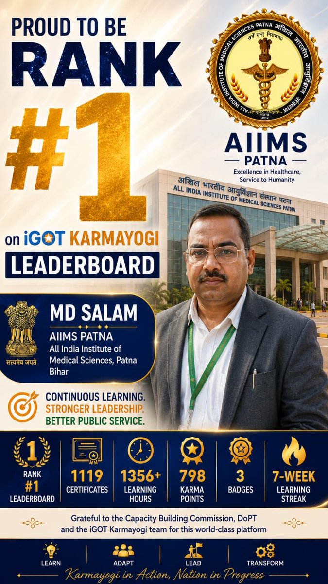 BISMIL_7488's tweet photo. 1st Rank
Highest number of individual course completed certificate in @iGOTKarmayogi https://t.co/nH54SGuny5