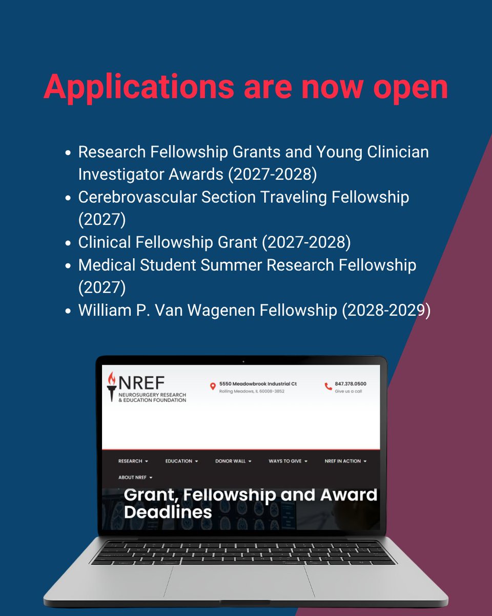 NREFORG's tweet photo. Applications are now open for NREF Grants &amp; Fellowships! 

Don’t miss your chance to be part of the next wave of innovation: https://t.co/krMkQ8XNsw 
#Neurosurgery #NREF #InnovationInMedicine #FutureOfNeurosurgery https://t.co/uS7u8ubiXY