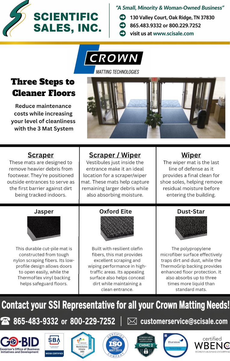 SSIOakRidge's tweet photo. A cleaner facility starts at the door. Crown Matting’s 3-Mat System helps capture dirt and moisture before it gets tracked throughout your building. Need help finding the right matting for your space? Contact SSI today! #CrownMatting #FacilityMaintenance https://t.co/RKhnULfmCh
